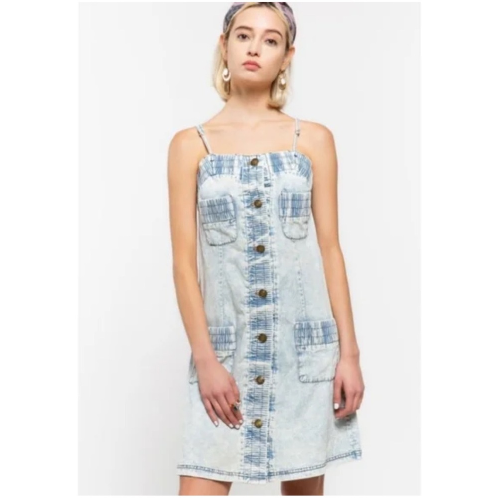 POL 80s Inspired Acid Wash Denim Dress Spaghetti Straps Blue White Sz S